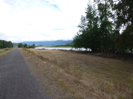 Wide gravel trail on the dike – bikes, dogs and horses are allowed – view of Columbia River